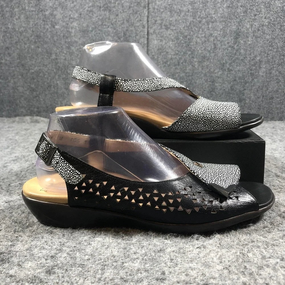 Ziera Womens 10.5 Black Leather Slingback Wedge Sandals Comfort